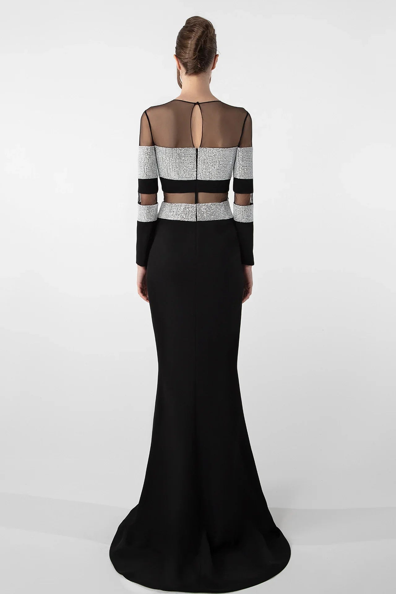 Sheer Panel Gown with Embellished Details