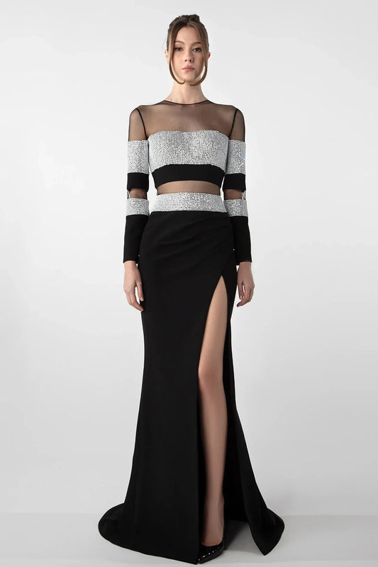 Sheer Panel Gown with Embellished Details