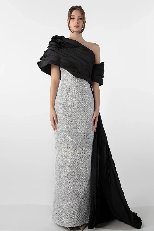 One-Shoulder Embroidered Column Gown