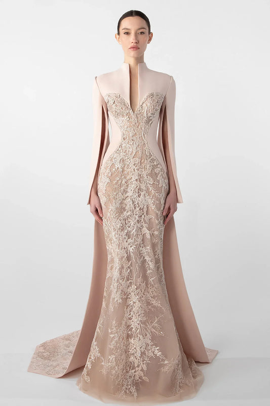 Embroidered Crepe Dress with Open Sleeves