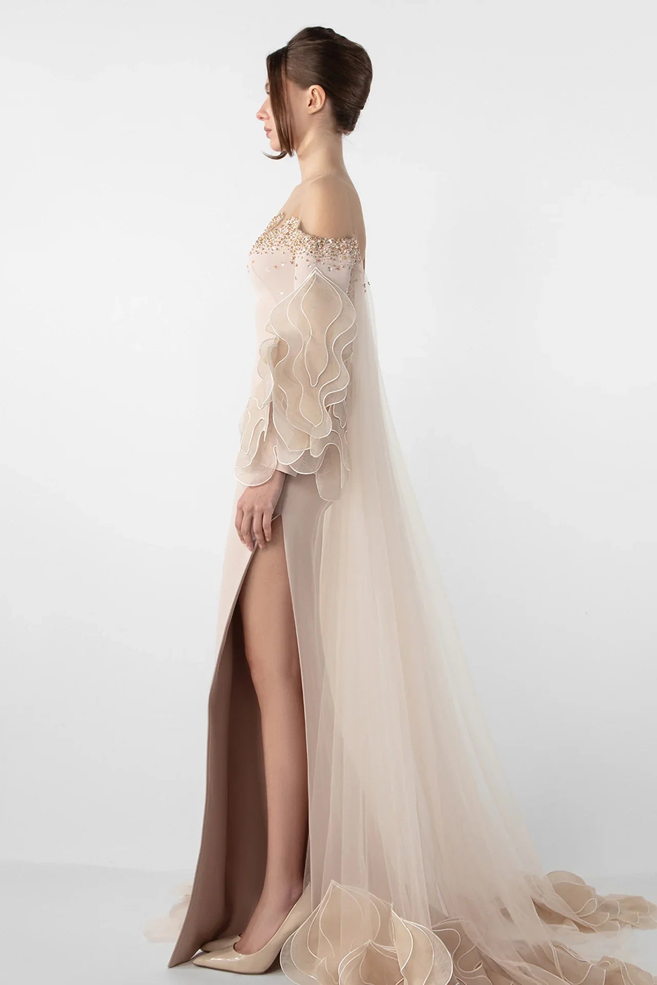 Off-Shoulder Dress with Ruffled Organza Sleeves