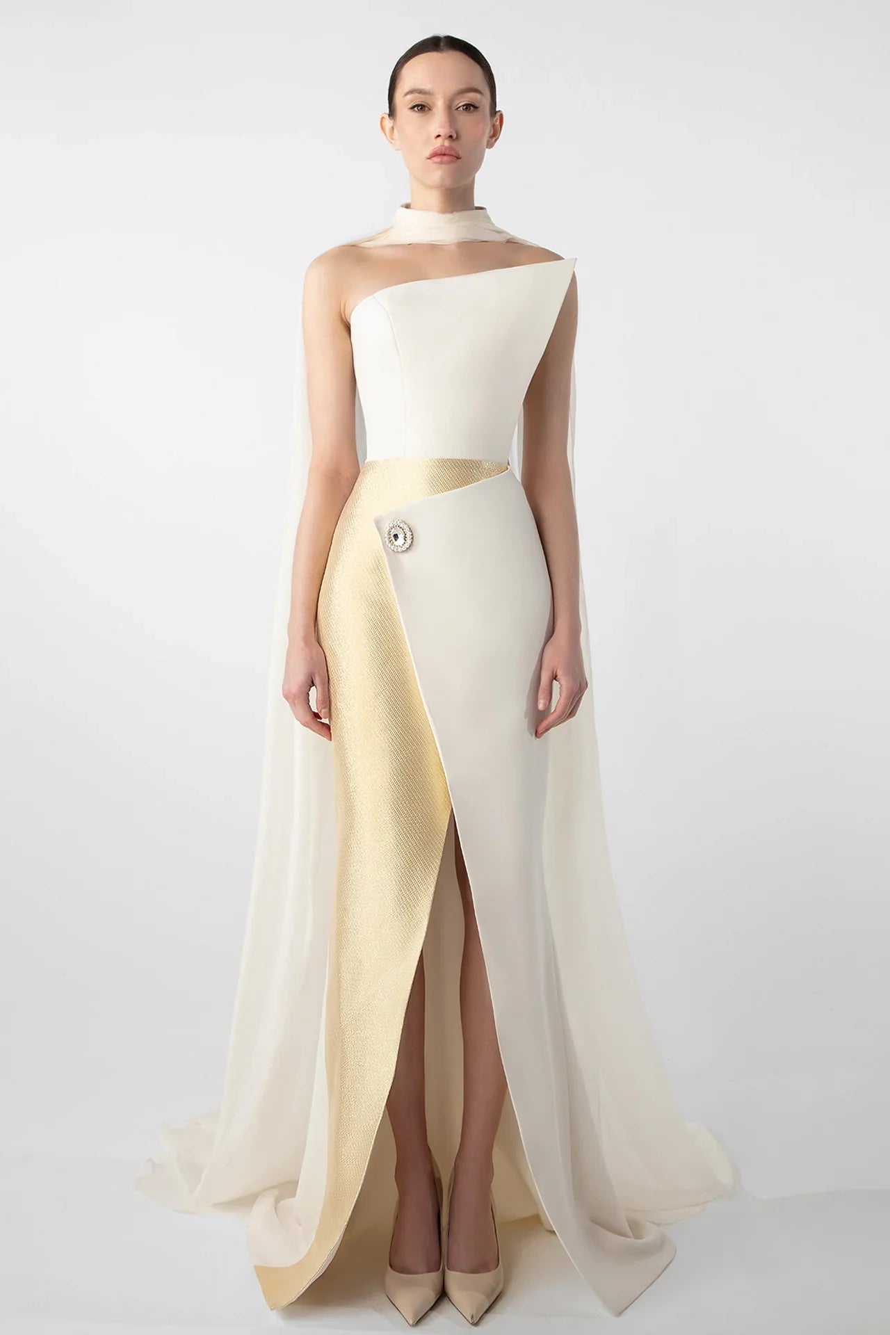 Asymmetrical Dress with Gold Accents and Chiffon Cape