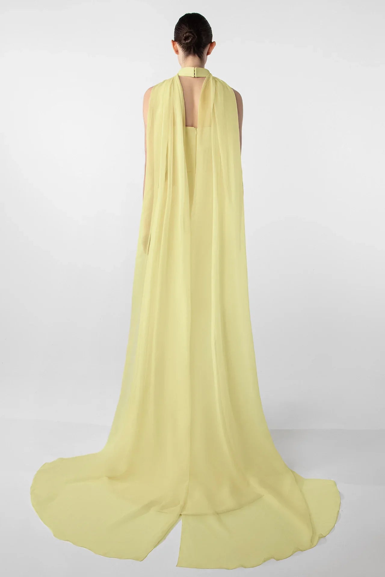 Asymmetrical Dress with Gold Accents and Chiffon Cape
