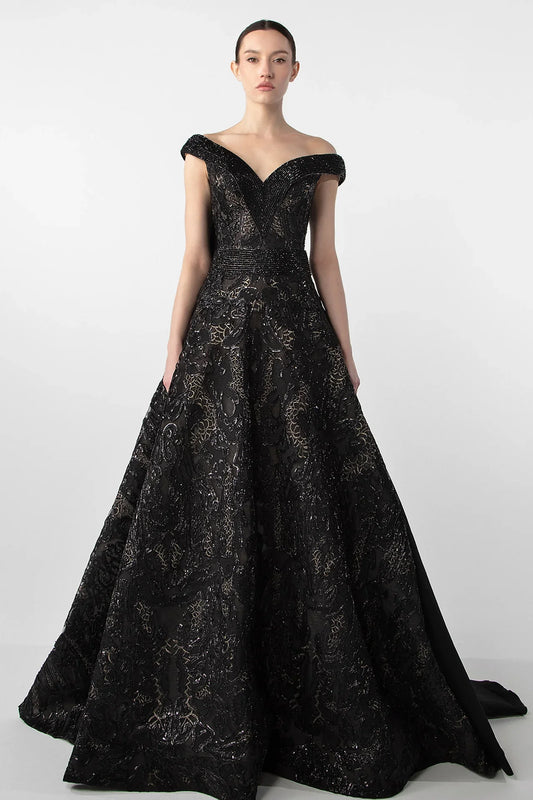 V-Neck Gown with Embroidered Bodice and Oversized Bow