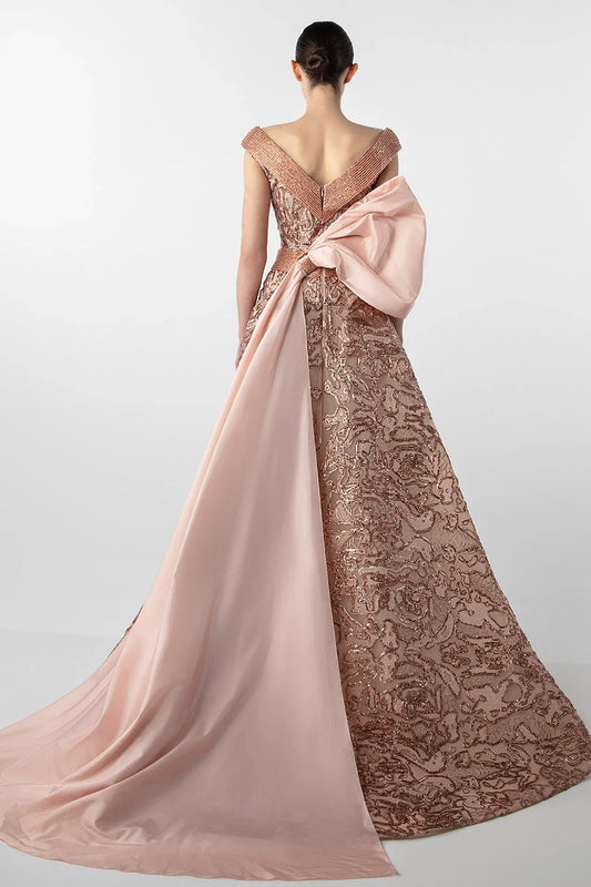 V-Neck Gown with Embroidered Bodice and Oversized Bow