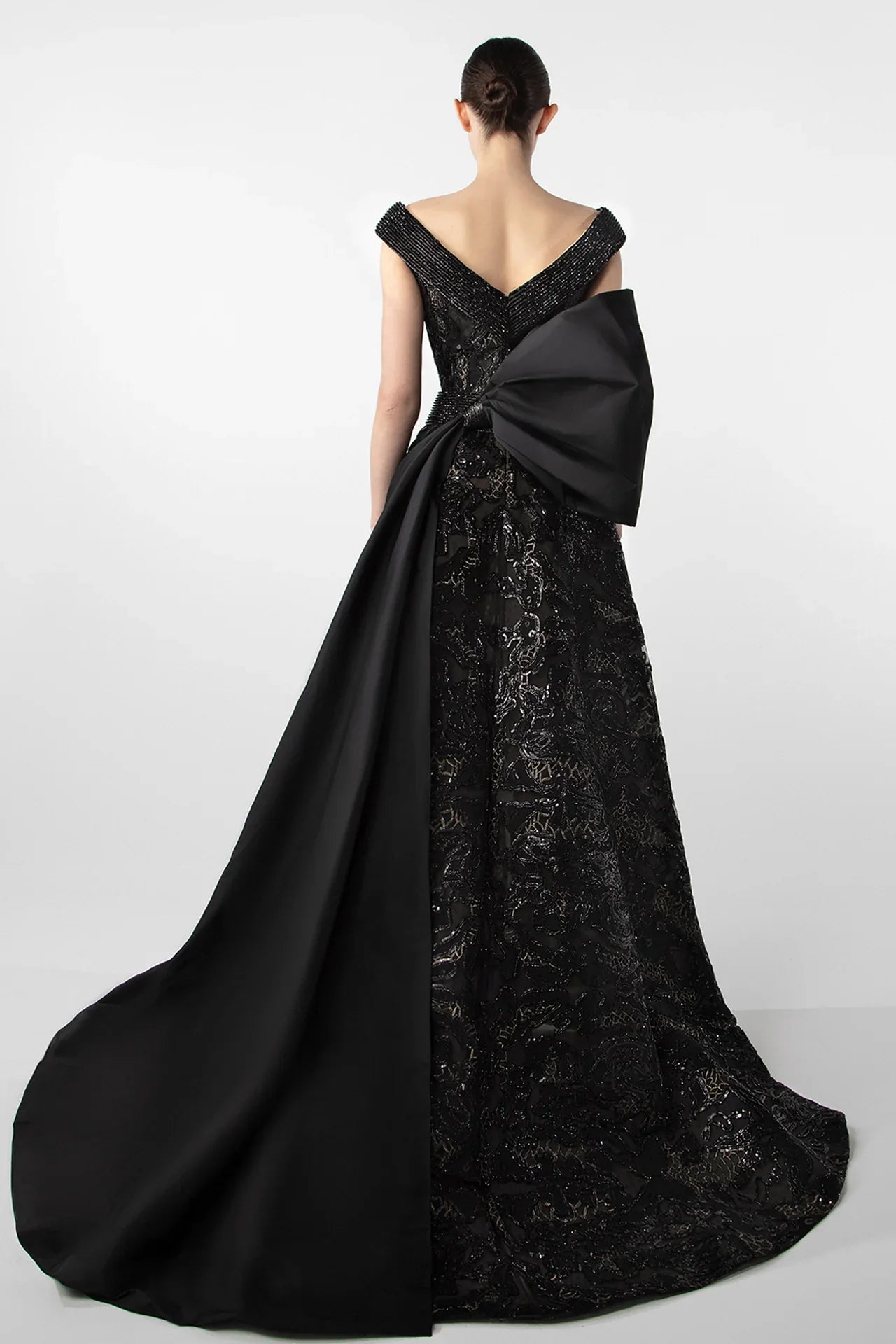 V-Neck Gown with Embroidered Bodice and Oversized Bow