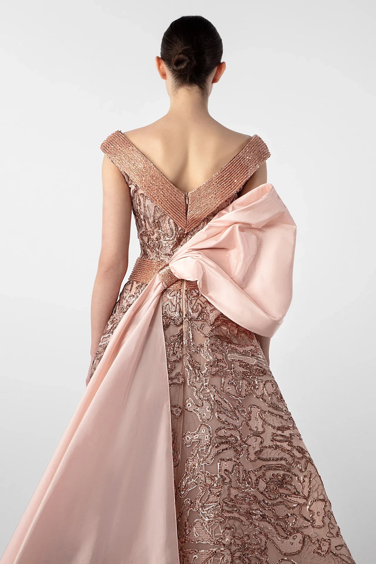 V-Neck Gown with Embroidered Bodice and Oversized Bow
