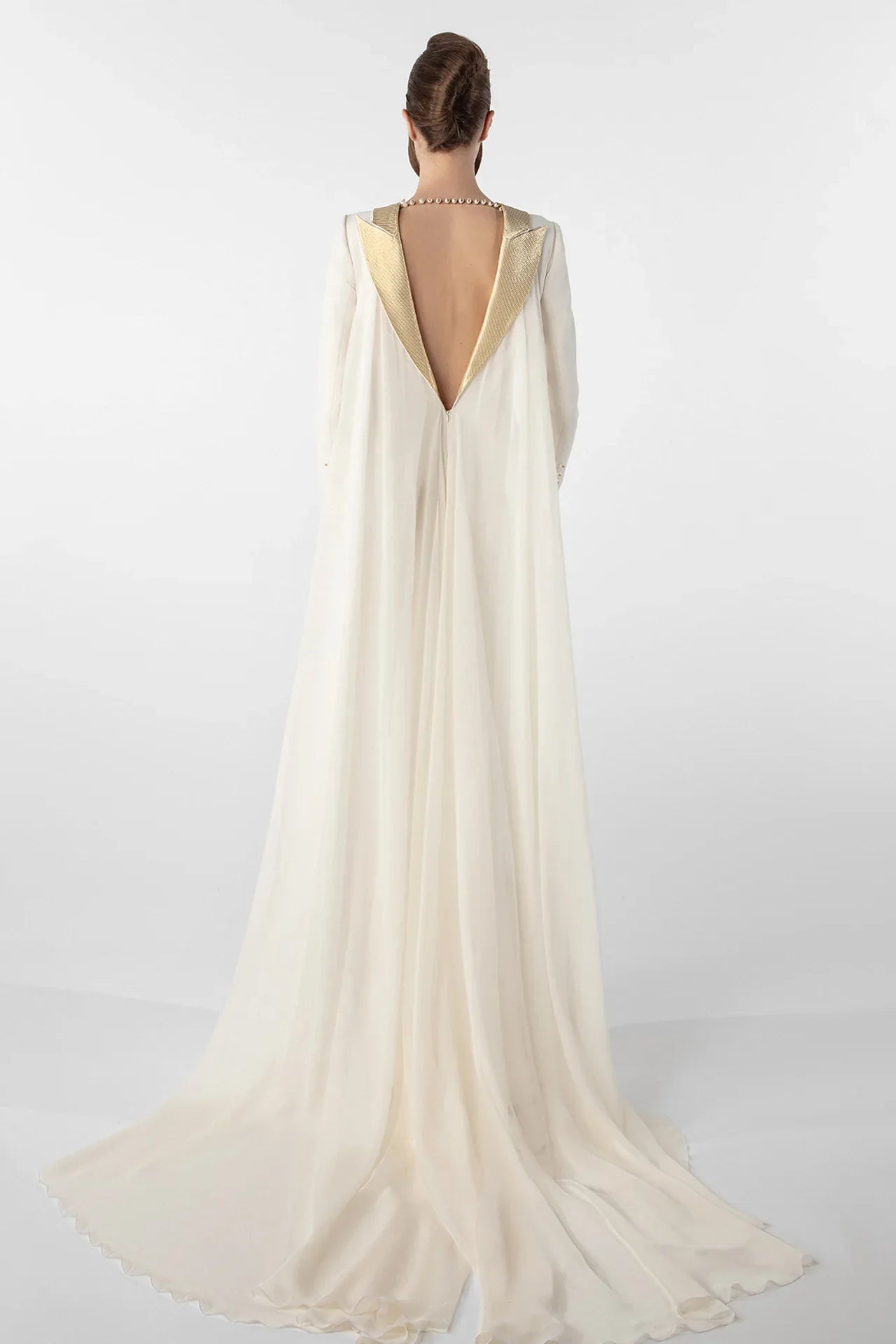 Crepe Dress with Metallic Collar and Chiffon Cape