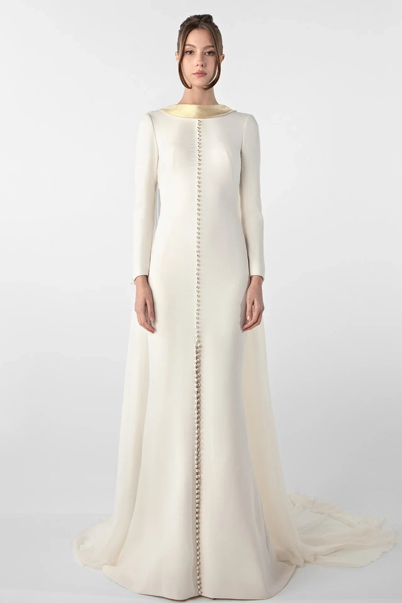 Crepe Dress with Metallic Collar and Chiffon Cape