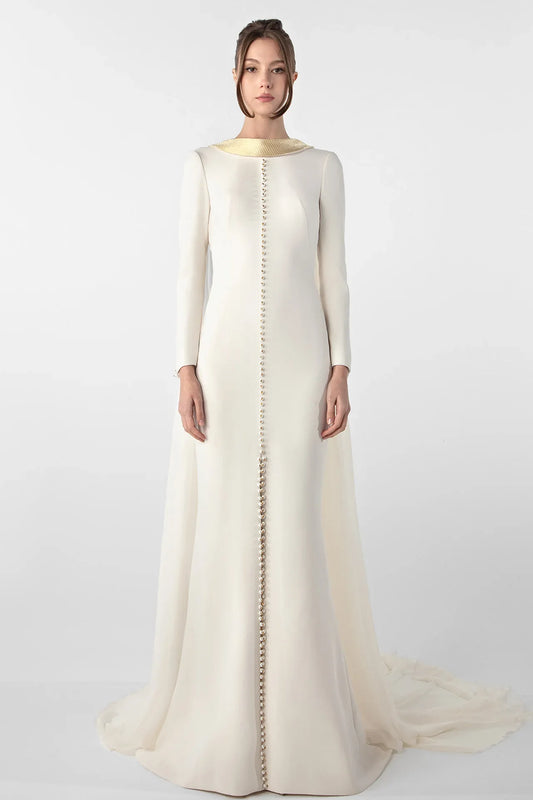 Crepe Dress with Metallic Collar and Chiffon Cape