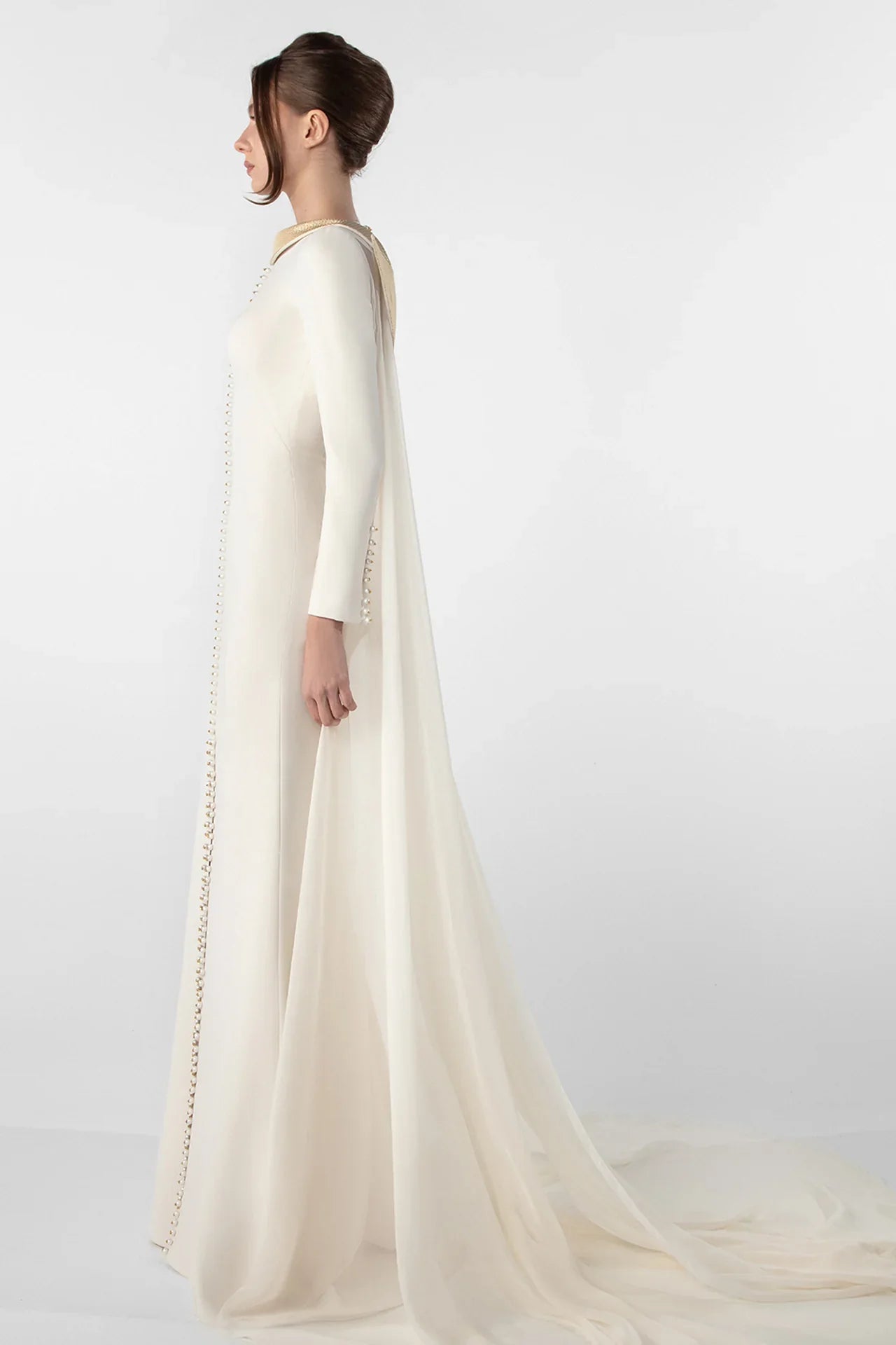 Crepe Dress with Metallic Collar and Chiffon Cape