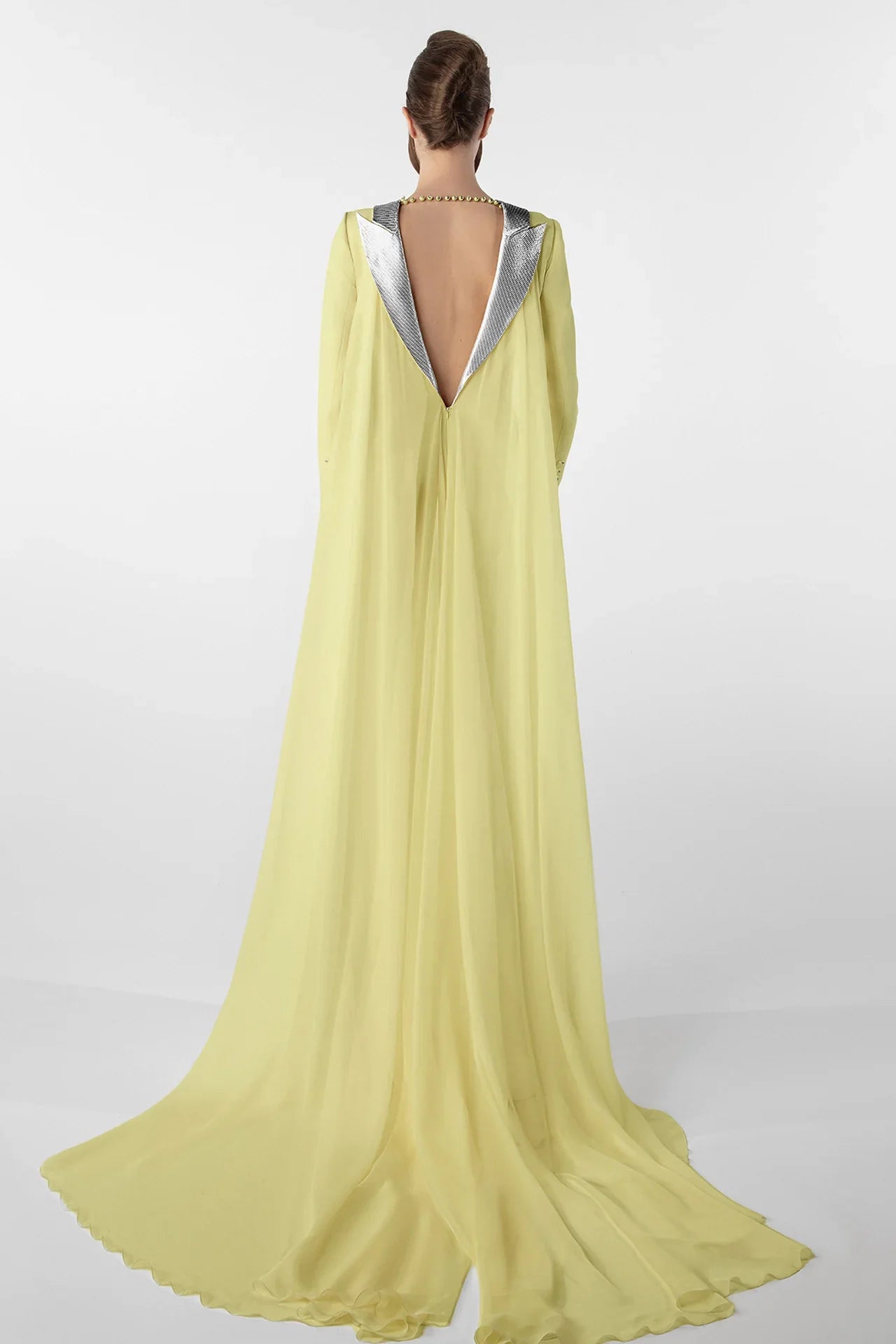 Crepe Dress with Metallic Collar and Chiffon Cape