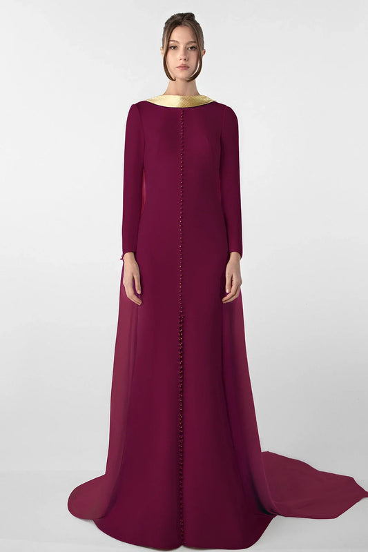 Crepe Dress with Metallic Collar and Chiffon Cape