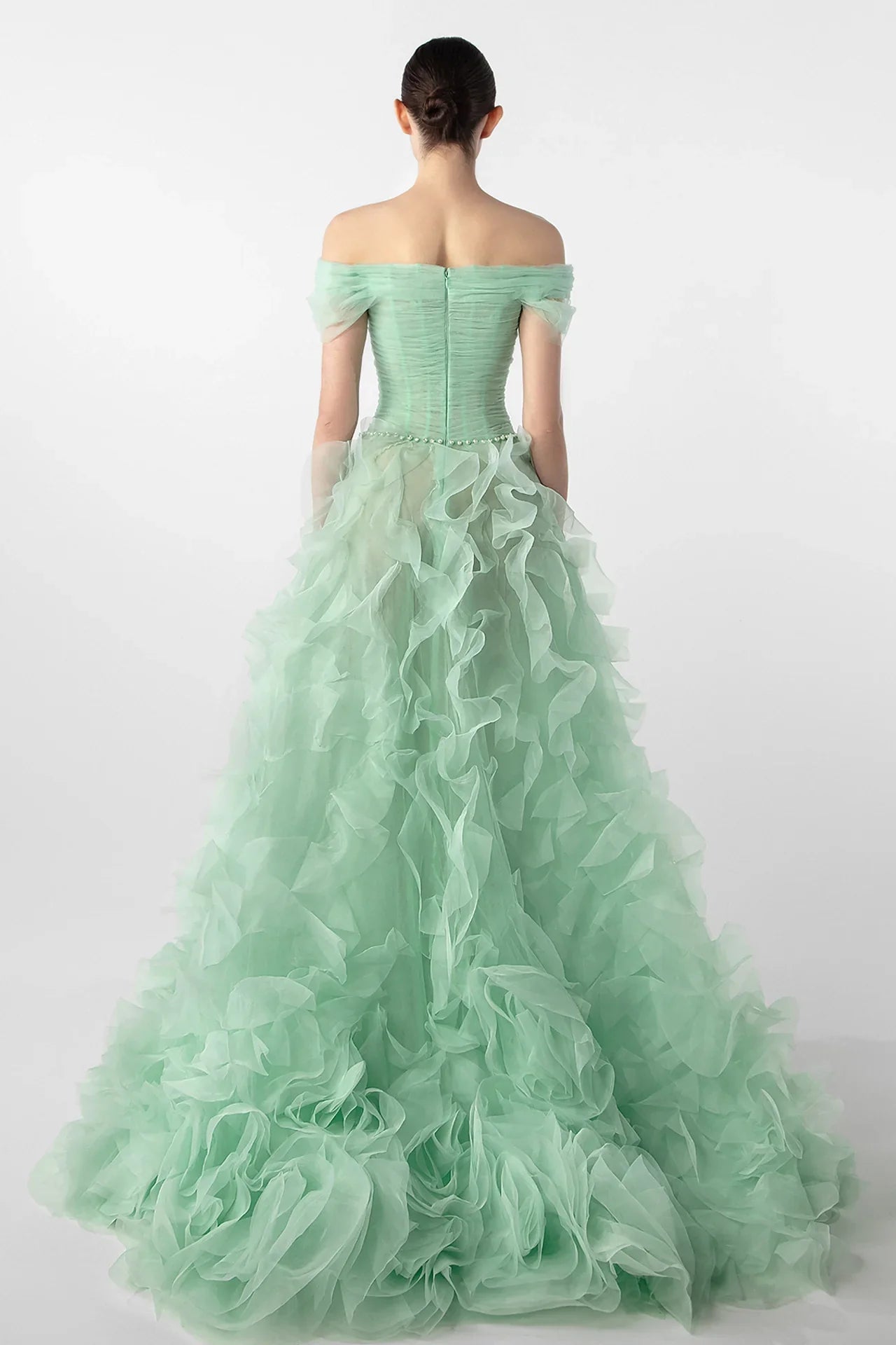 Off-Shoulder Draped Gown with Organza Flowers