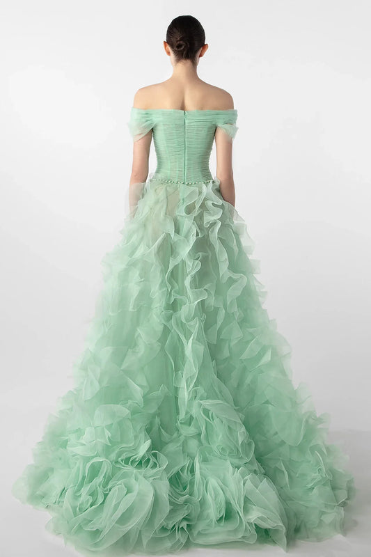Off-Shoulder Draped Gown with Organza Flowers