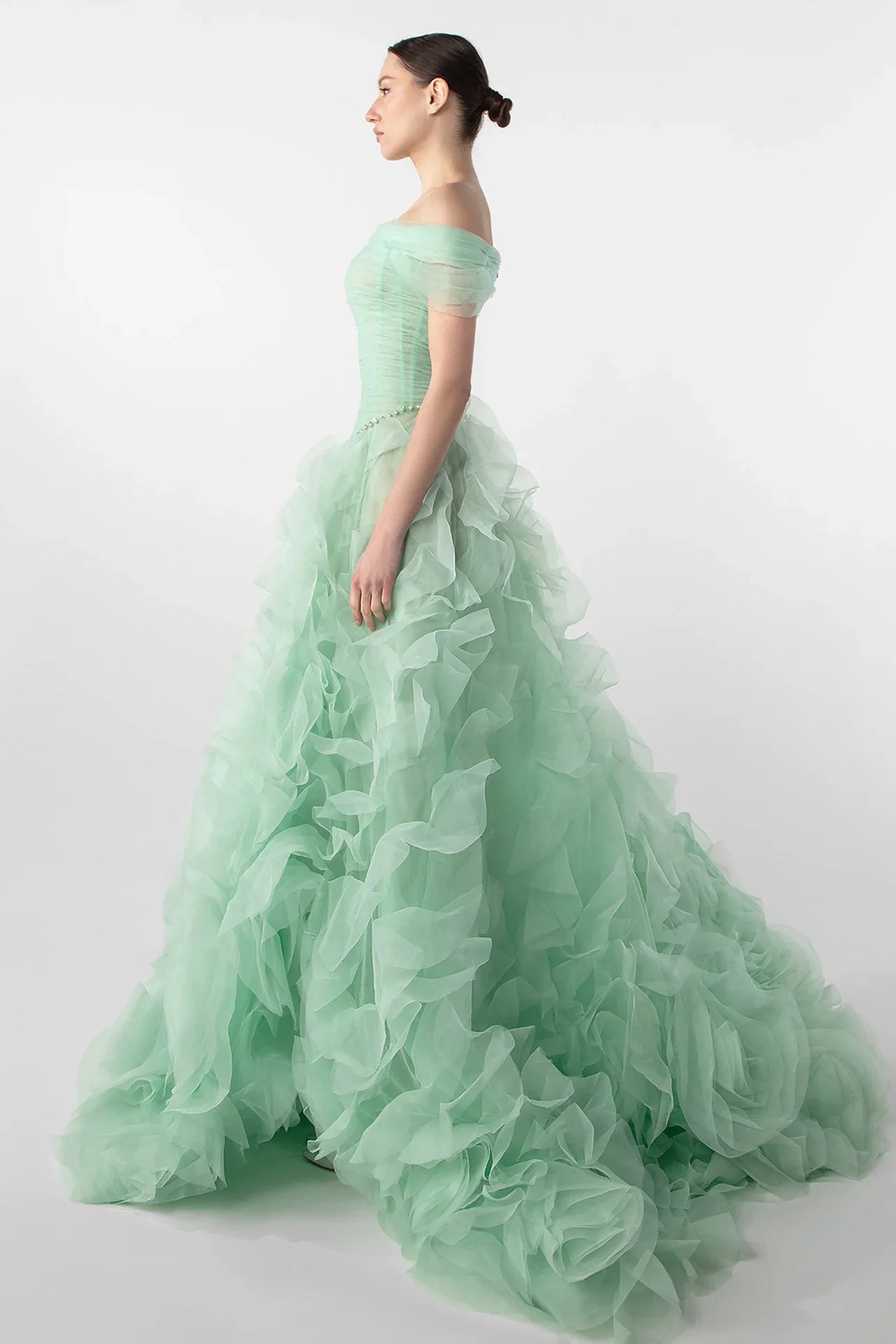 Off-Shoulder Draped Gown with Organza Flowers