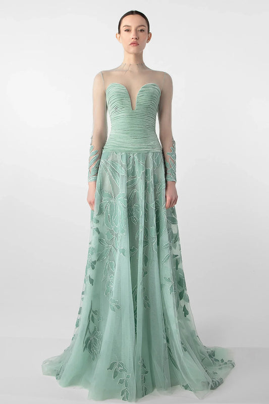 Ruched Bodice Gown with Sheer Embroidery