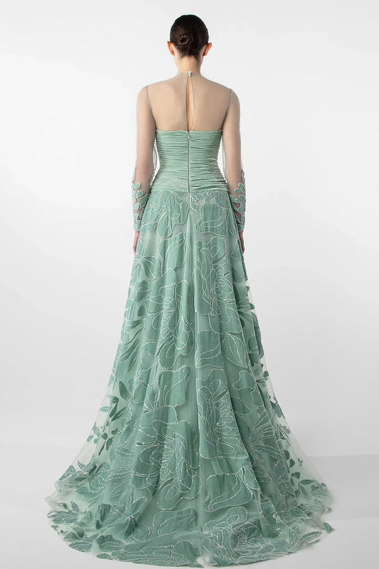 Ruched Bodice Gown with Sheer Embroidery