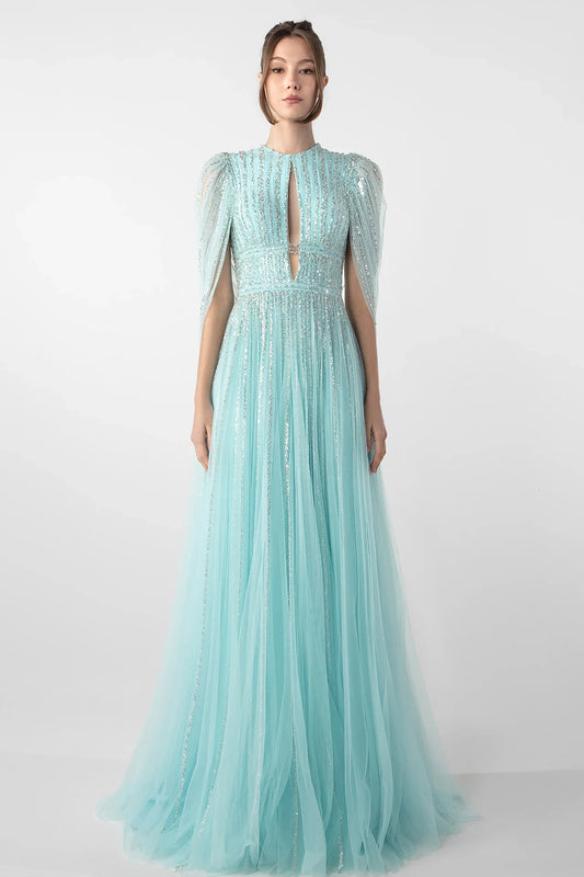 Embroidered Tulle Gown with Draped Bolero