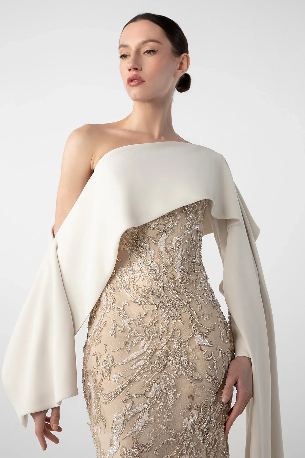 Embroidered Mermaid Dress with Draped Sleeve