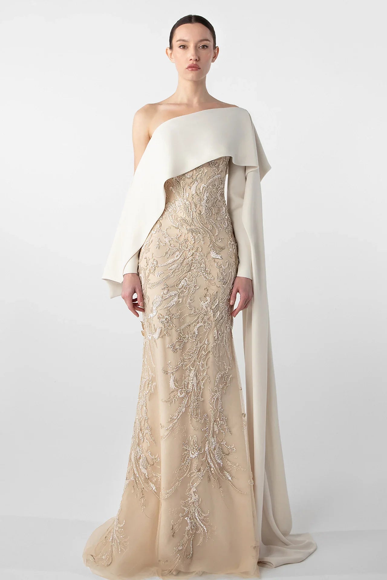 Embroidered Mermaid Dress with Draped Sleeve