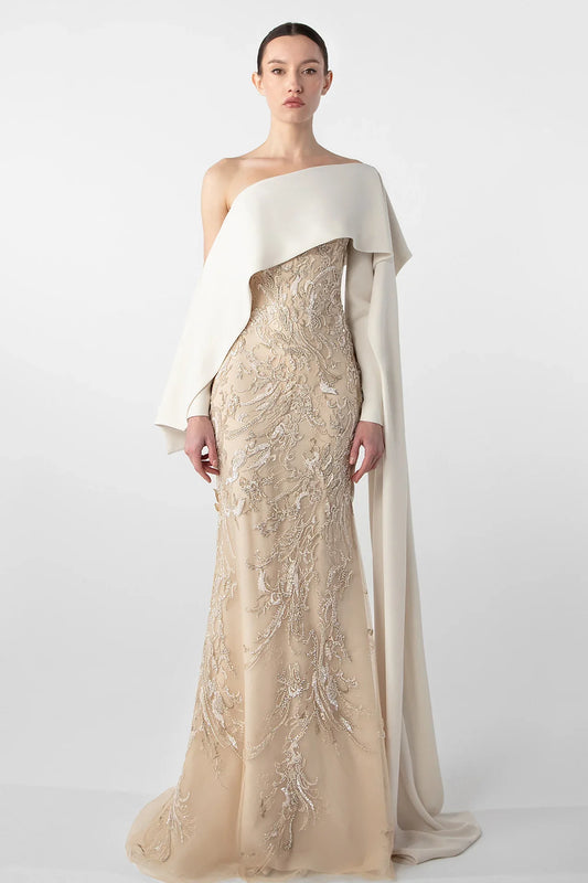 Embroidered Mermaid Dress with Draped Sleeve