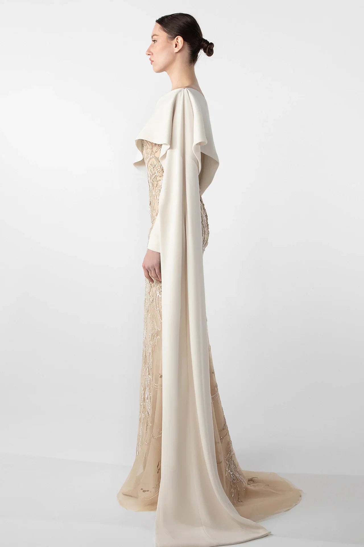 Embroidered Mermaid Dress with Draped Sleeve
