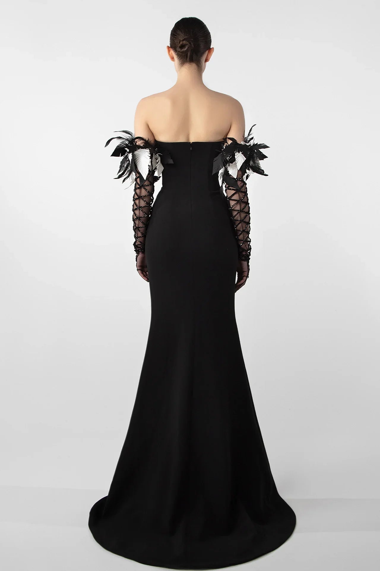 Feather Embellished Crepe Gown
