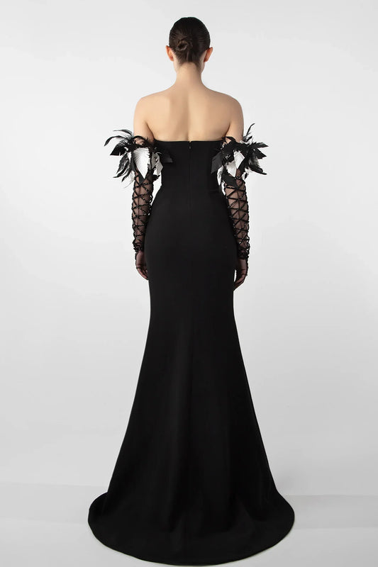 Feather Embellished Crepe Gown