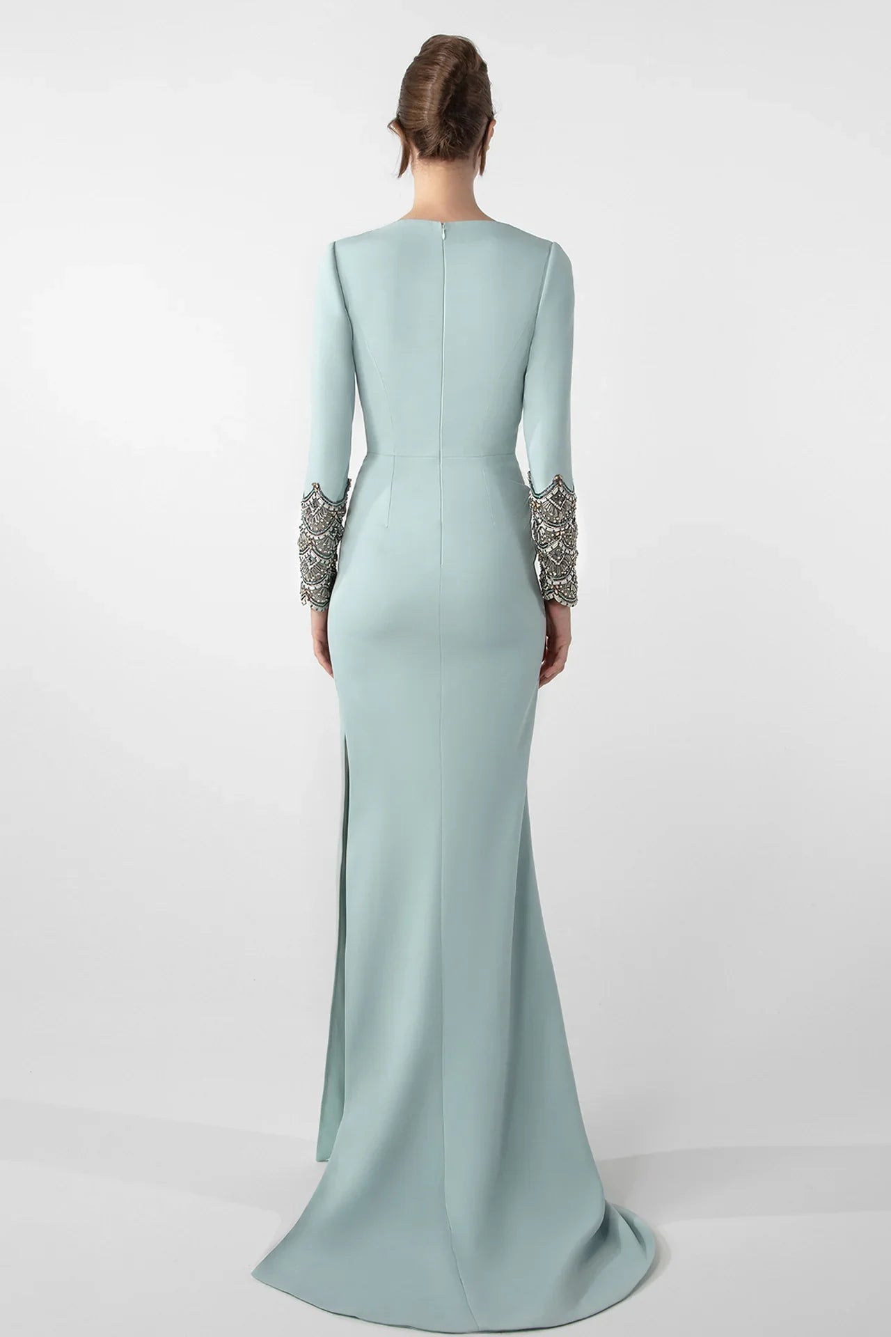 Draped Asymmetric Dress with Embroidered Sleeves