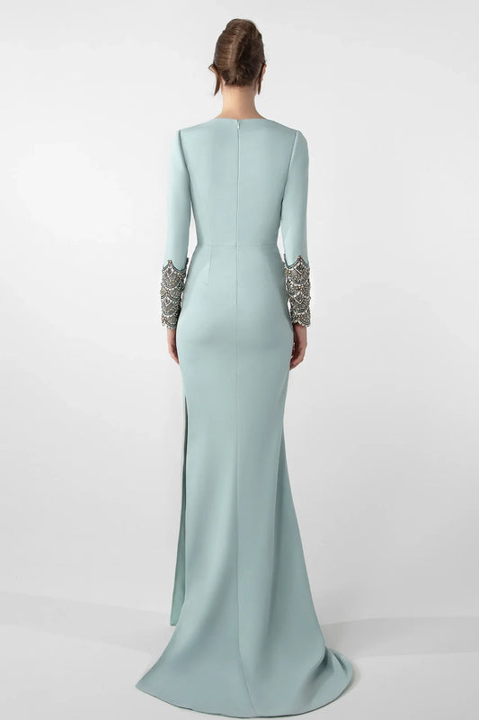 Draped Asymmetric Dress with Embroidered Sleeves