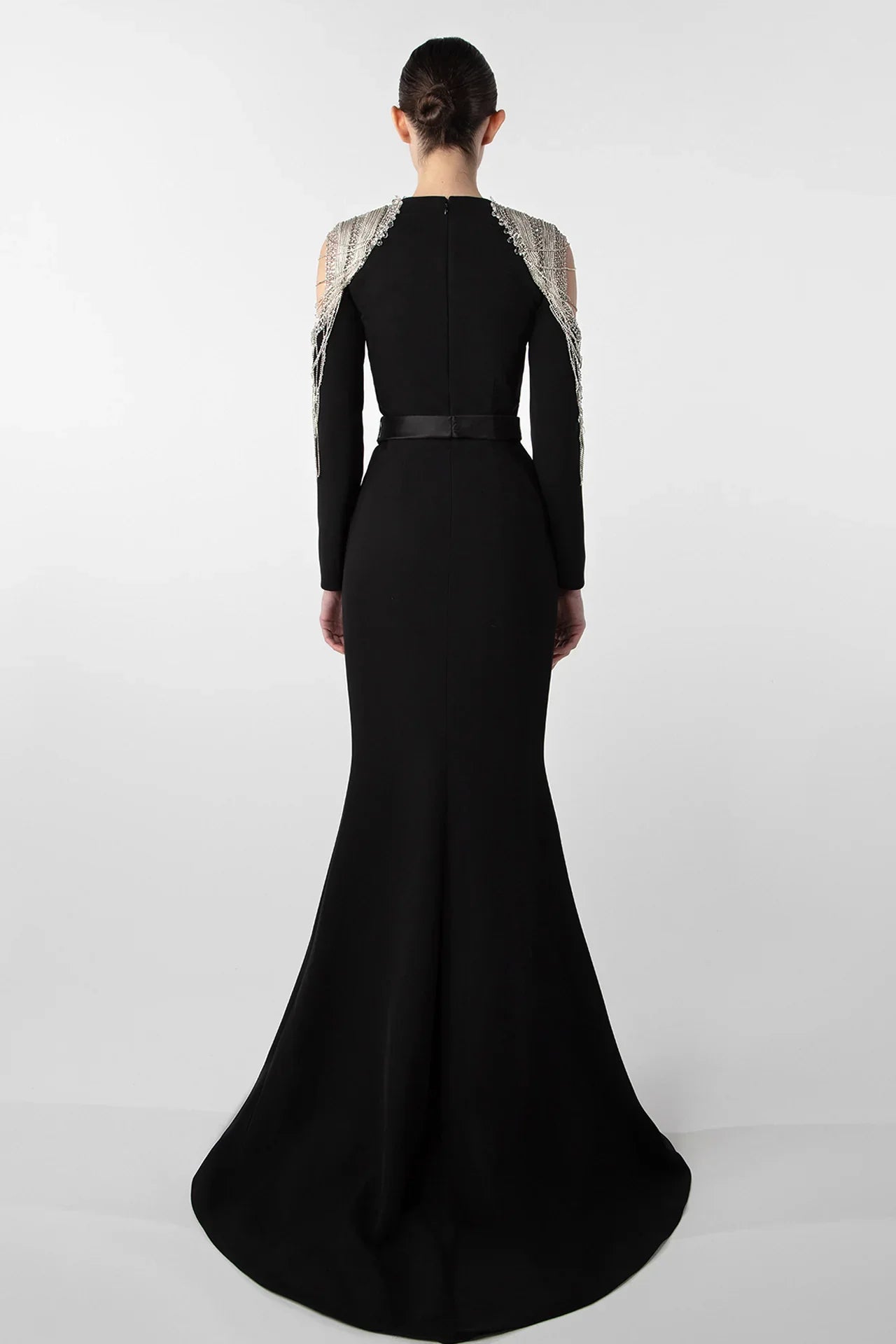 Chain Embellished Crepe Gown with Satin Belt