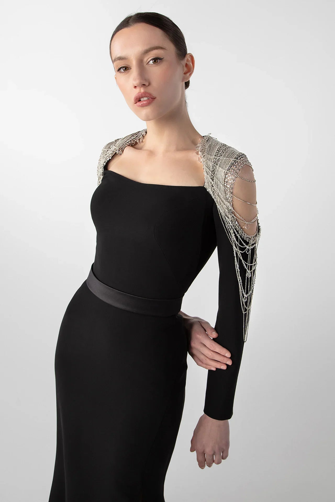 Chain Embellished Crepe Gown with Satin Belt