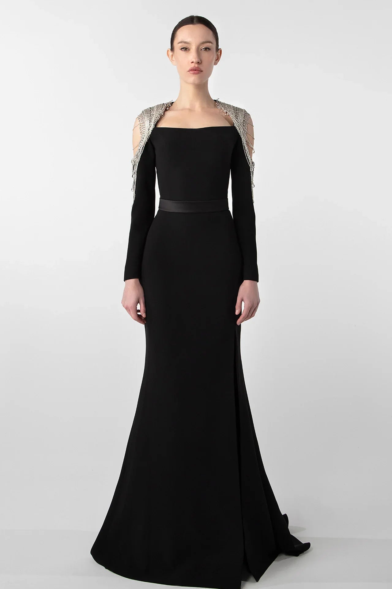 Chain Embellished Crepe Gown with Satin Belt