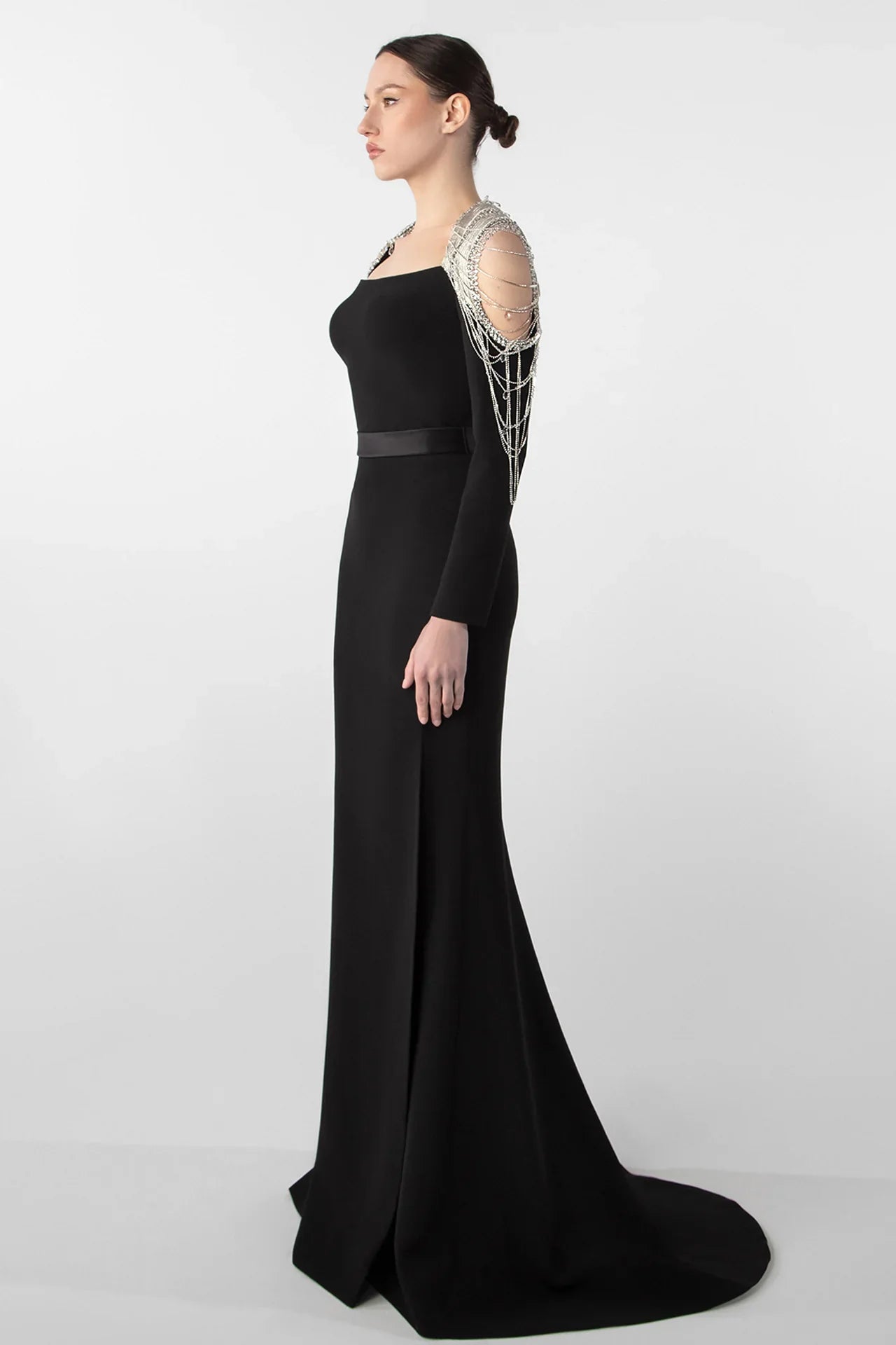Chain Embellished Crepe Gown with Satin Belt