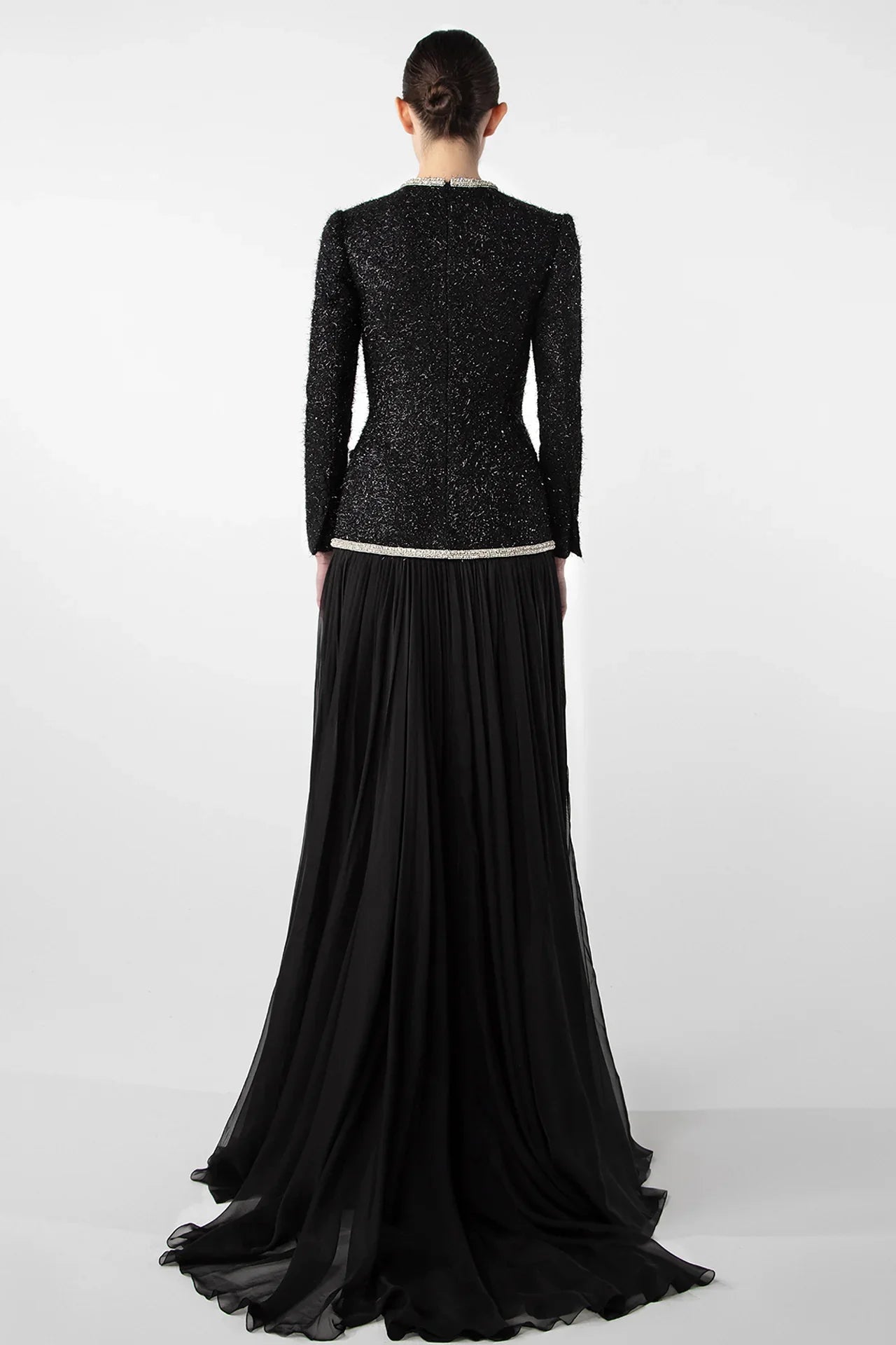 Embroidered Tweed and Chiffon Gown