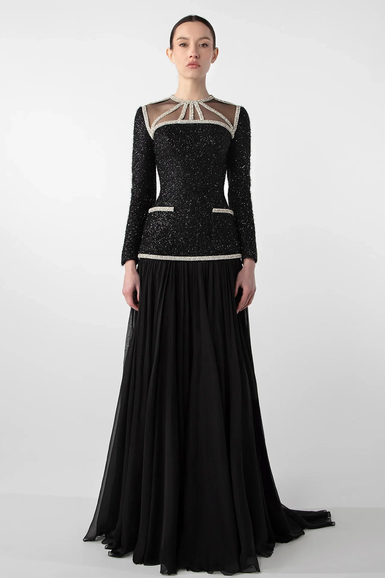 Embroidered Tweed and Chiffon Gown