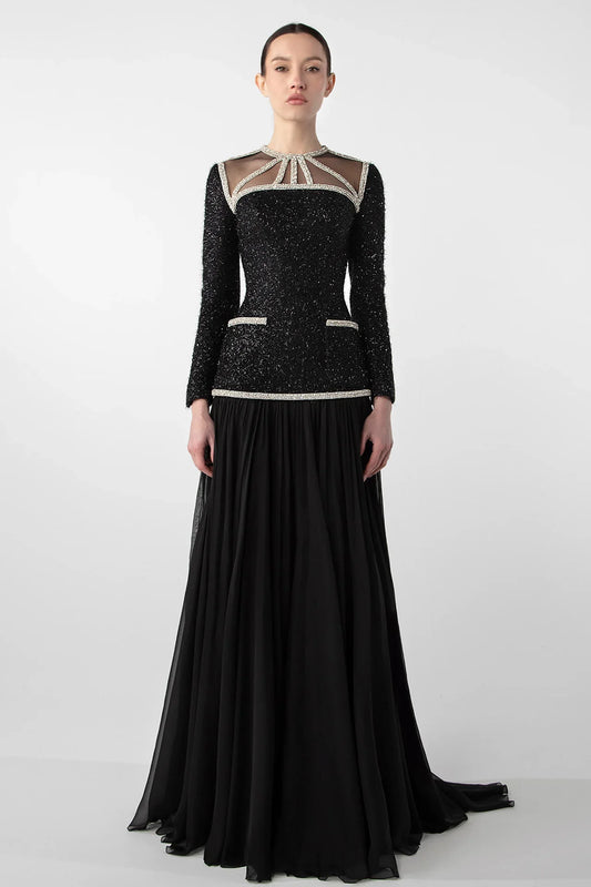 Embroidered Tweed and Chiffon Gown