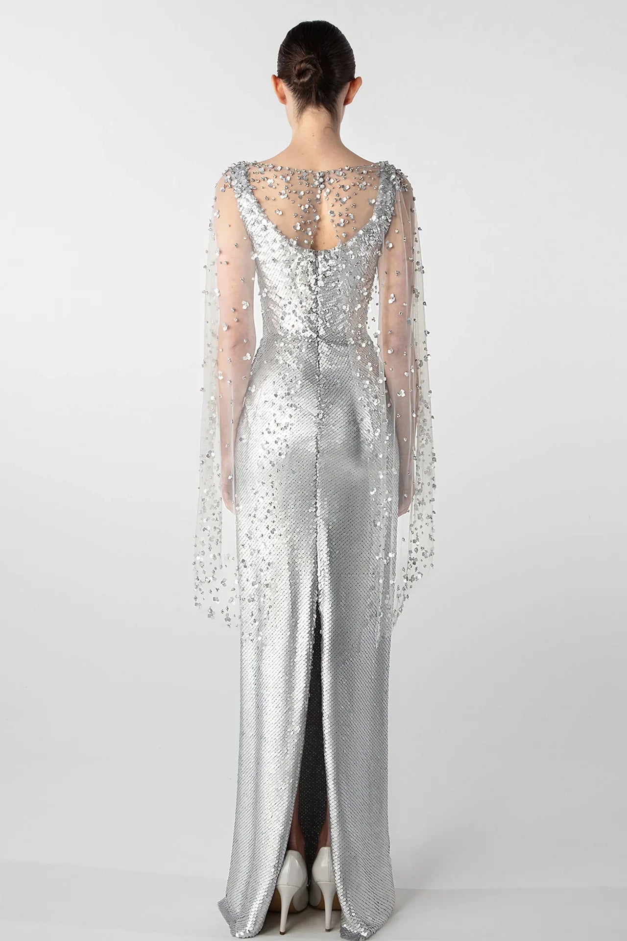 Crystal Embellished Column Dress with Tulle Cape