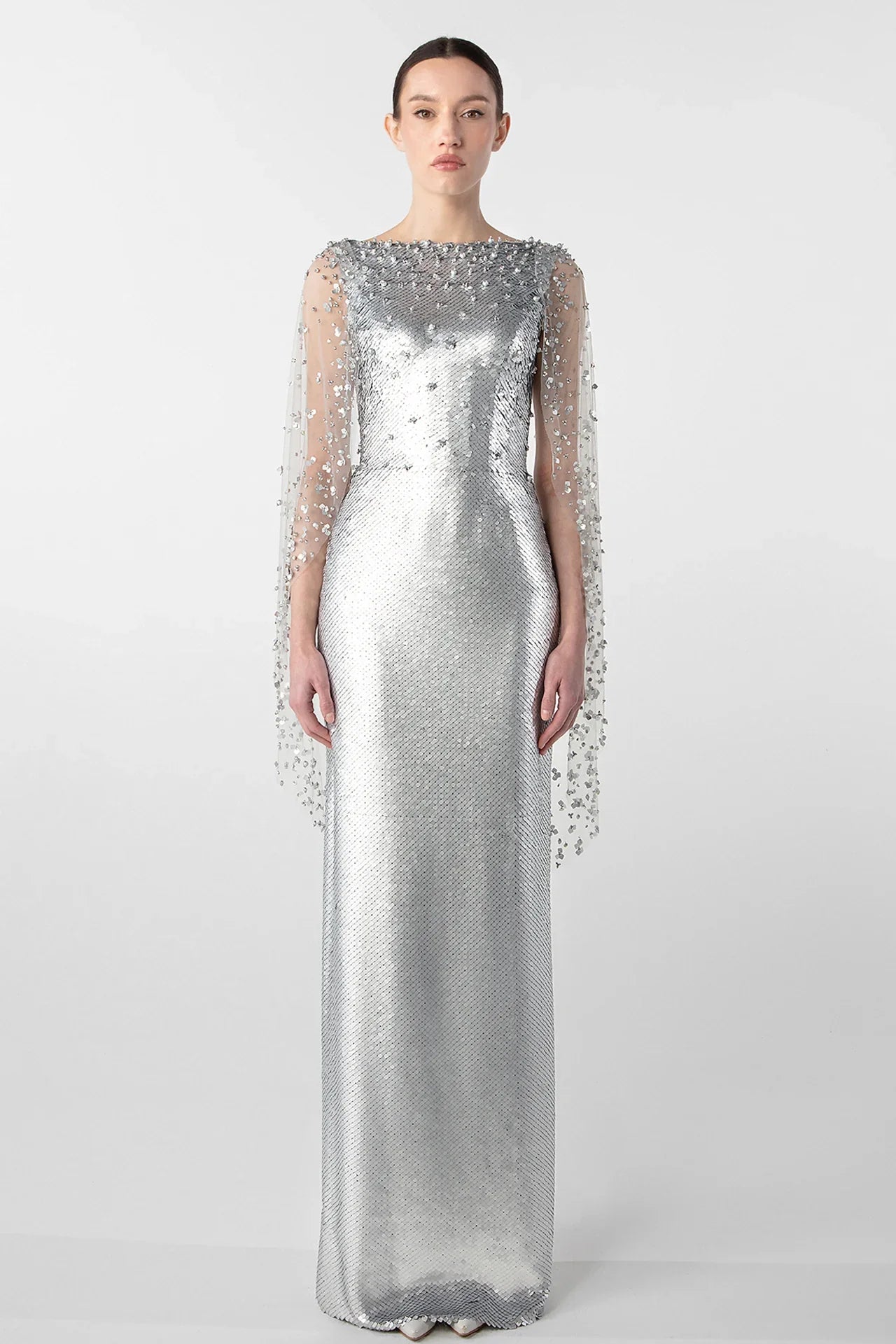 Crystal Embellished Column Dress with Tulle Cape