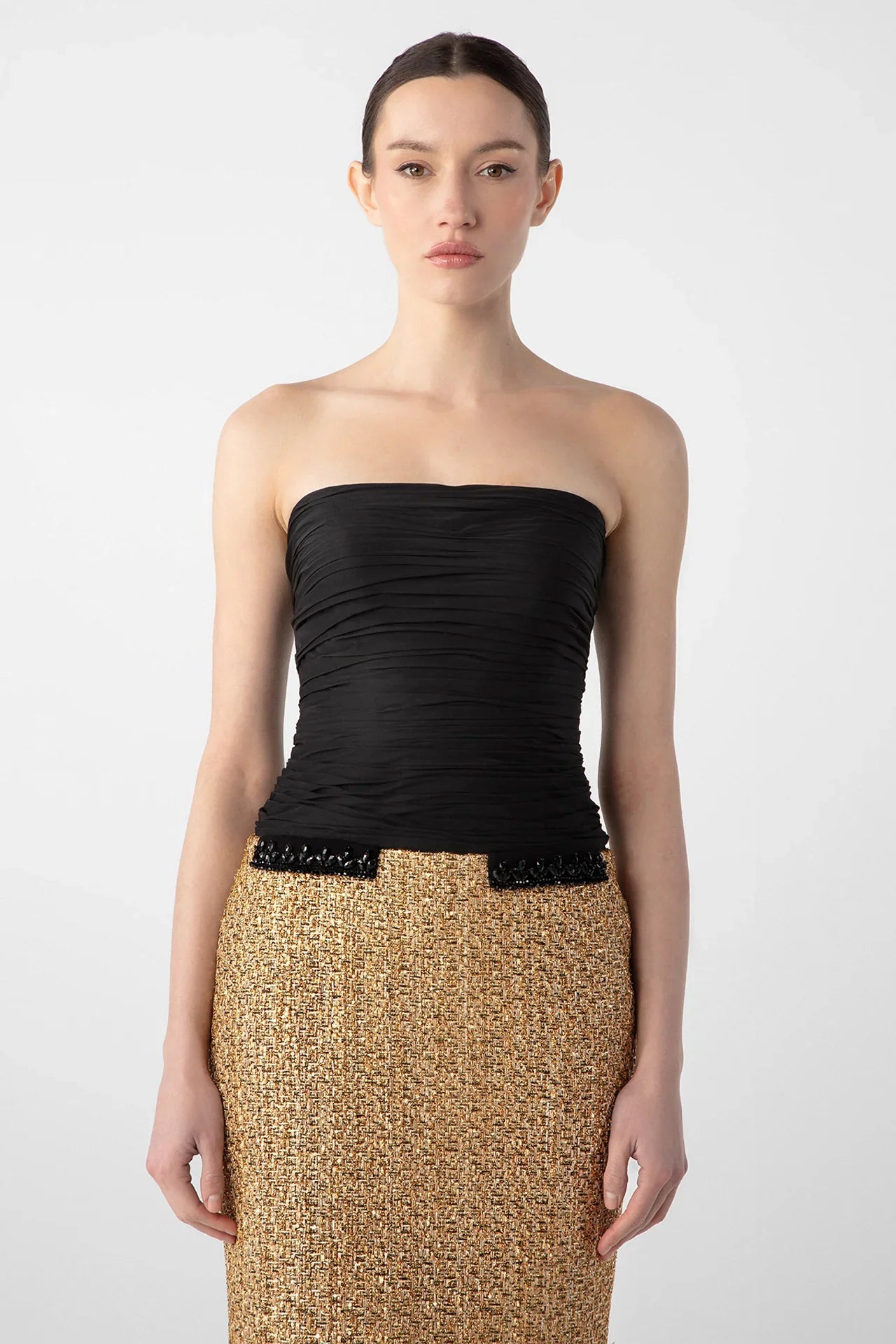 Strapless Draped Chiffon and Tweed Column Dress