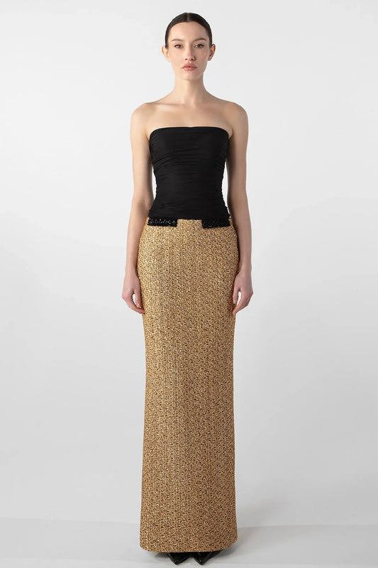 Strapless Draped Chiffon and Tweed Column Dress