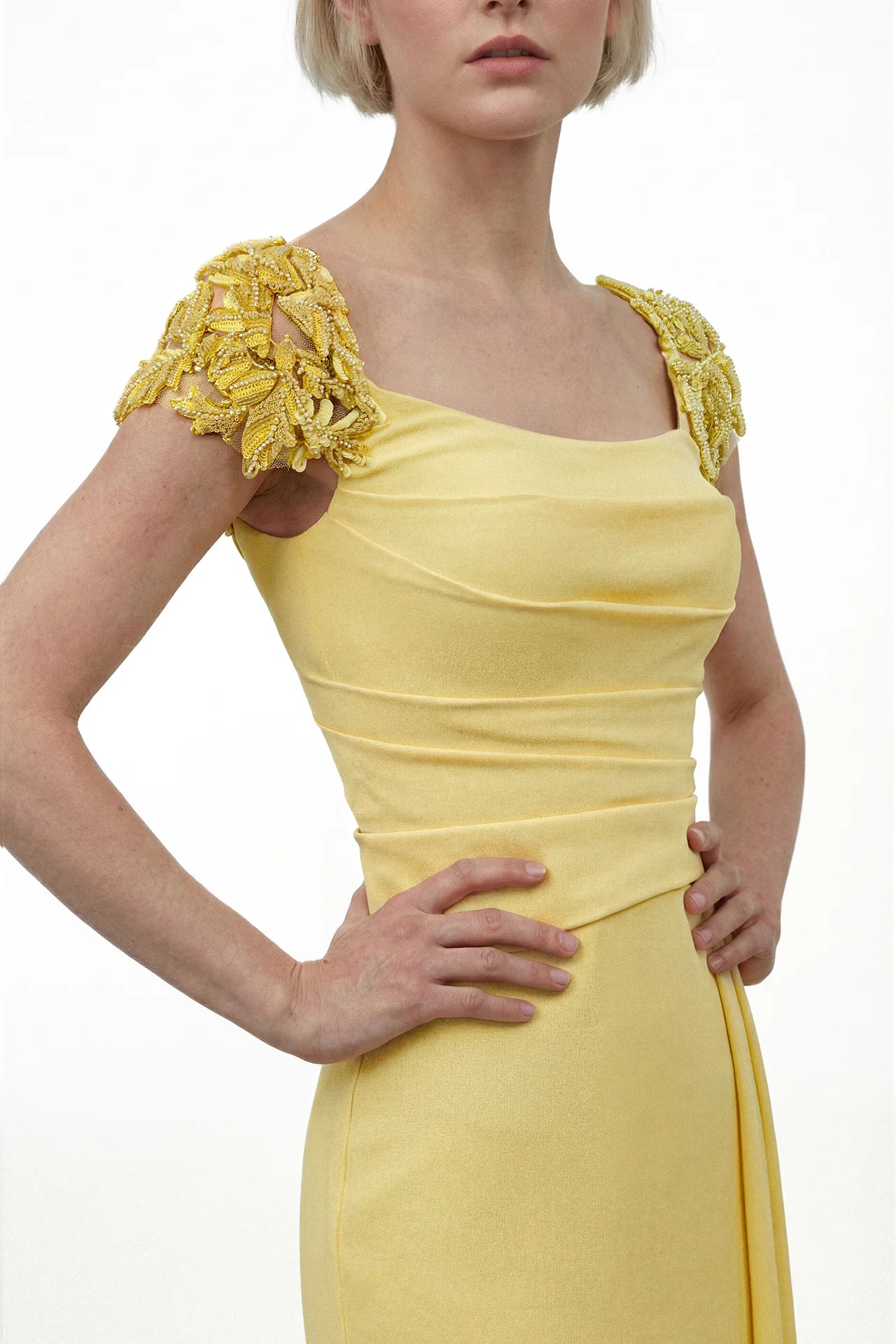 Draped Crepe Gown with Embroidered Shoulder Sleeves