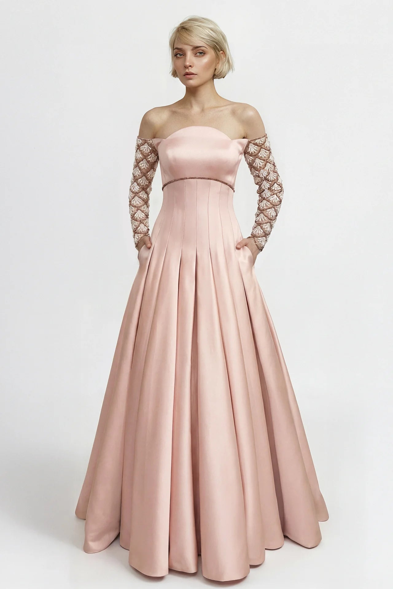 Off-Shoulder Crepe Gown with Embroidered Sleeves