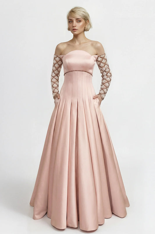 Off-Shoulder Crepe Gown with Embroidered Sleeves