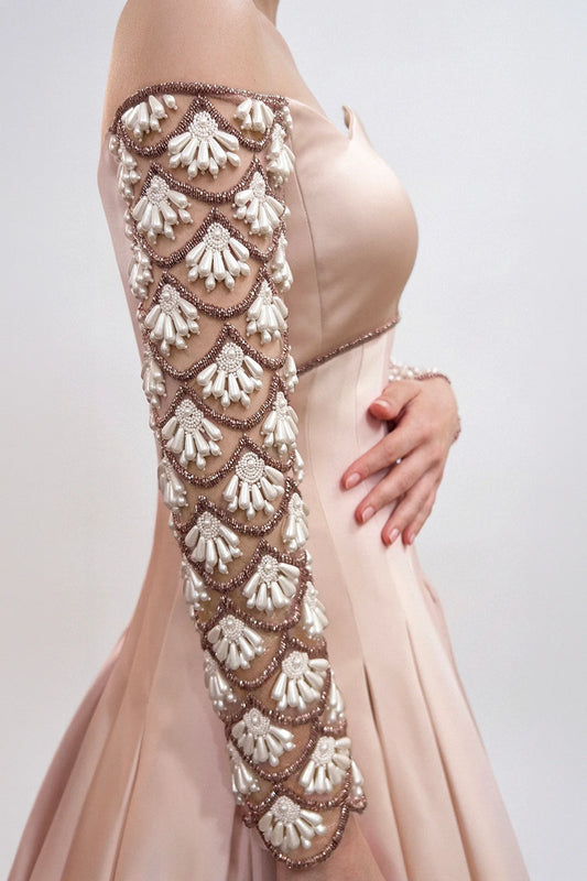 Off-Shoulder Crepe Gown with Embroidered Sleeves