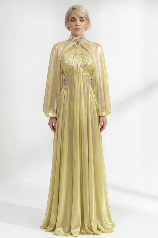 High-Neck Draped Chiffon Gown with Cape