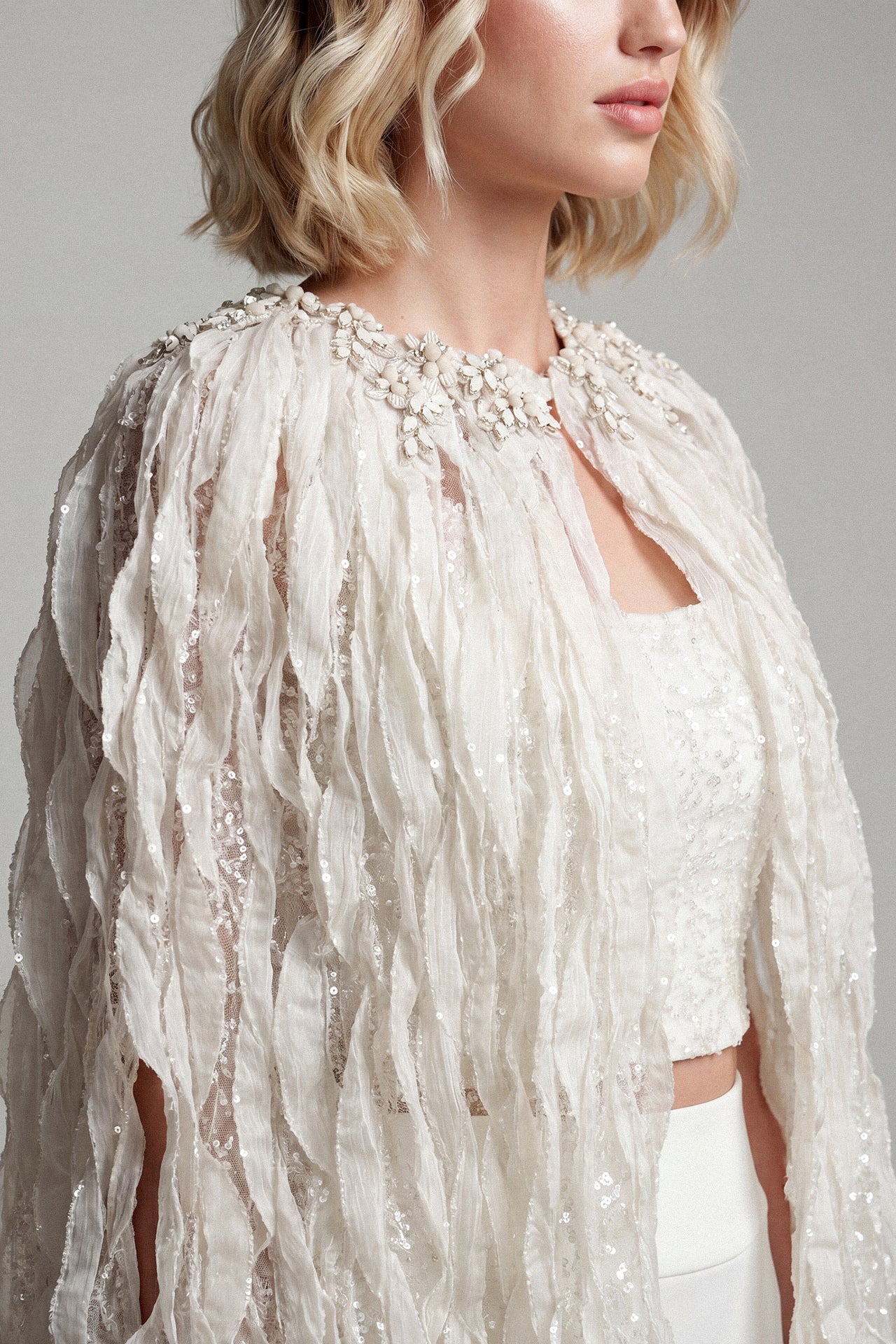 Embroidered Cape Jacket with Crepe Skirt
