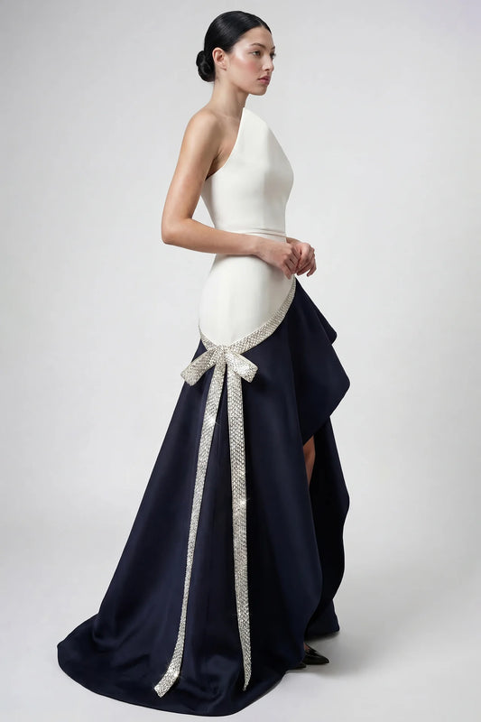 Asymmetric Draped Satin Gown