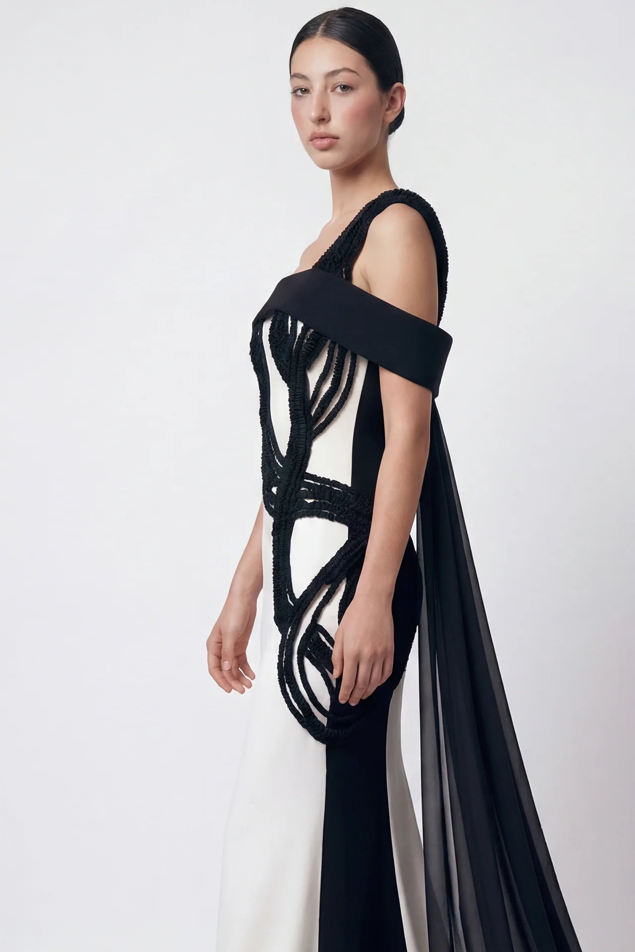 Asymmetrical Embroidered Crepe Gown